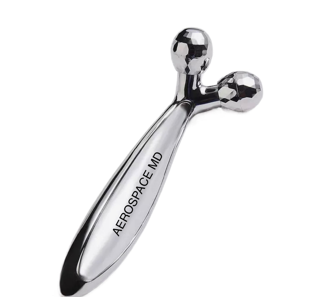 AEROSPACE MD SKINCARE MEDIUM SILVER FACE ROLLER. AEROSPACE MD SKINCARE TOOLS is a collaboration with DERMAFACE MD skincare. Designed by DERMAFACE MD clinical director DR DANIELLE MARR COLLINS. Facial rollers are used to massage the face, help deliver skincare products to the skin and should be used in upward motion for best anti aging affect when used with best hyaluronic serum and best triple peptide eye cream.